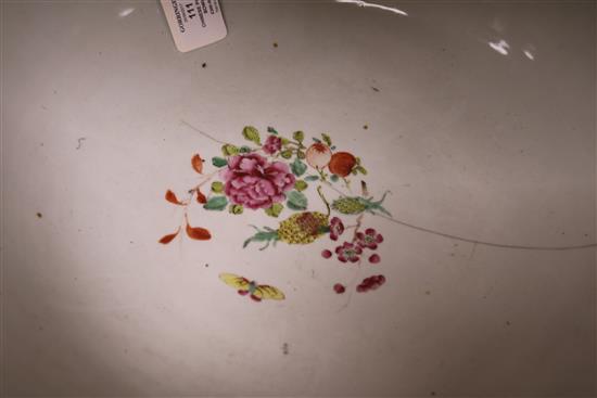 A Chinese famille rose mandarin pattern punch bowl, Qianlong period, diameter 38.5cm, cracked and rivetted